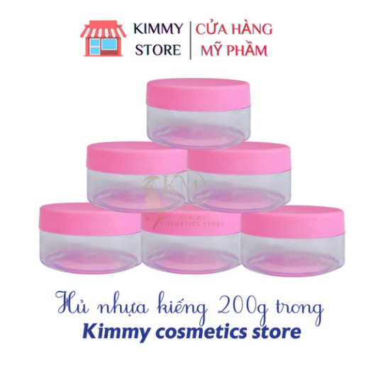 Hủ đựng kem 200g dẹp trong suốt nắp hồng
