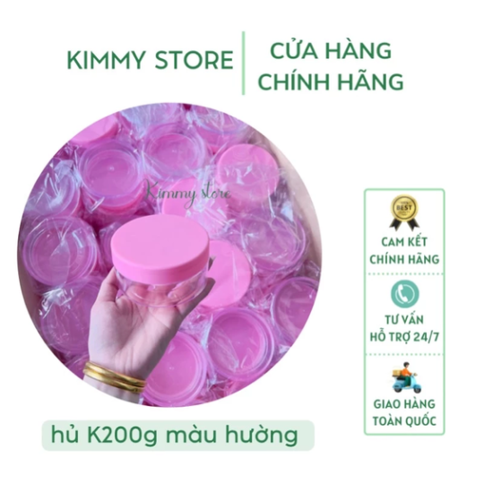 Hủ đựng kem 200g dẹp trong suốt nắp hồng