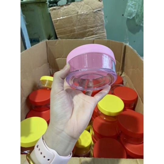 Hủ đựng kem 200g dẹp trong suốt nắp hồng